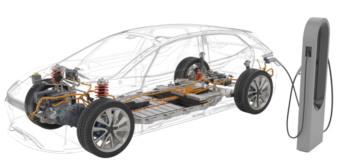 Transparent view of an EV with visible drive and battery parts at a charging station