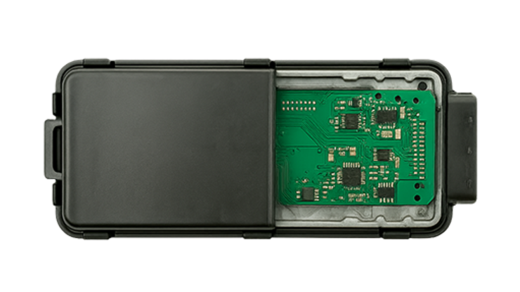 Electronic module with half-open cover and visible circuit board