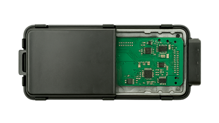 Electronic module with half-open cover and visible circuit board