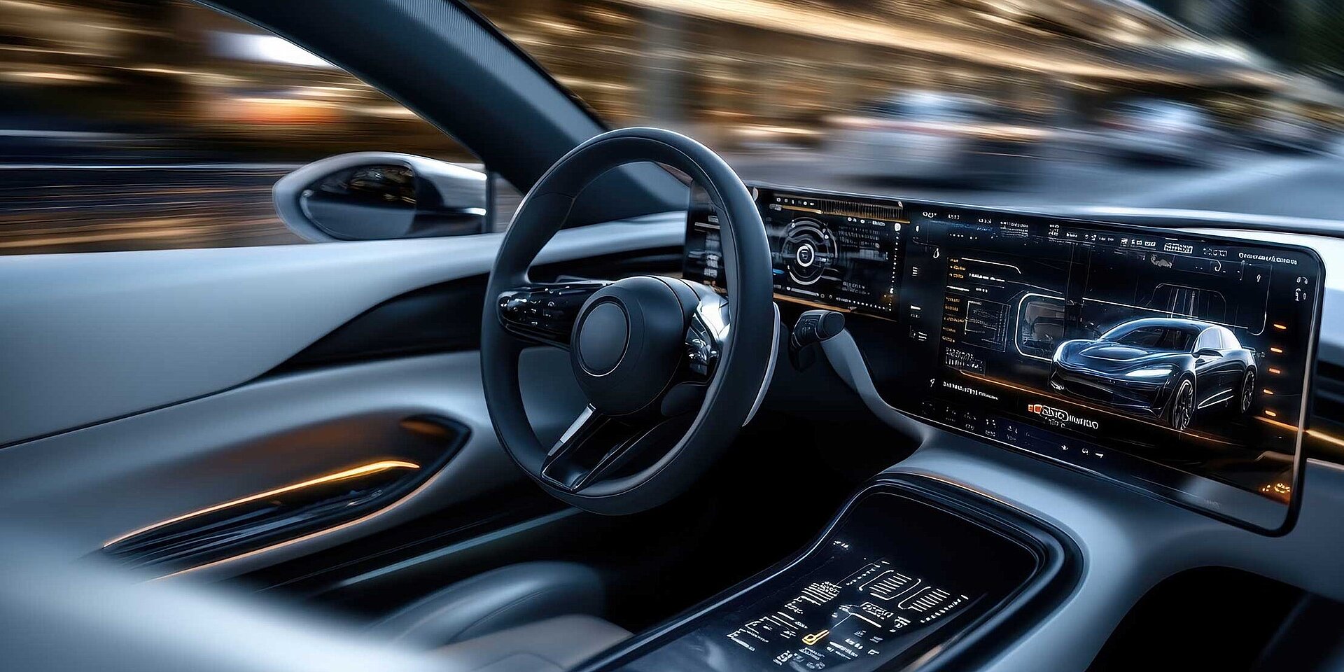 Modern car cockpit with large digital display and steering wheel