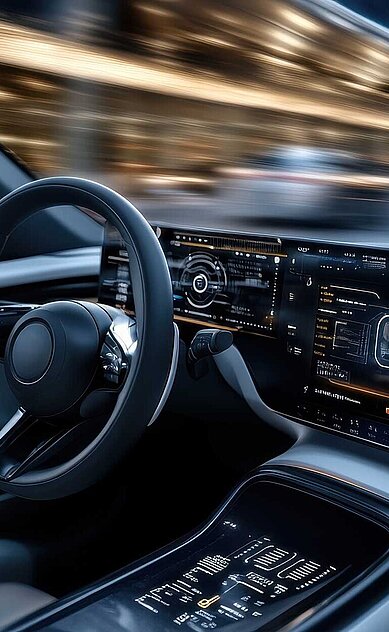 Modern car cockpit with large digital display and steering wheel