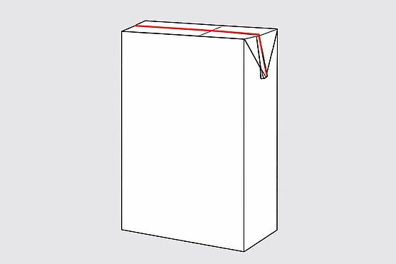 Brick-shaped beverage carton with red marked top seal