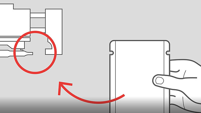 Drawing showing how a stand-up pouch is inserted into a TSM